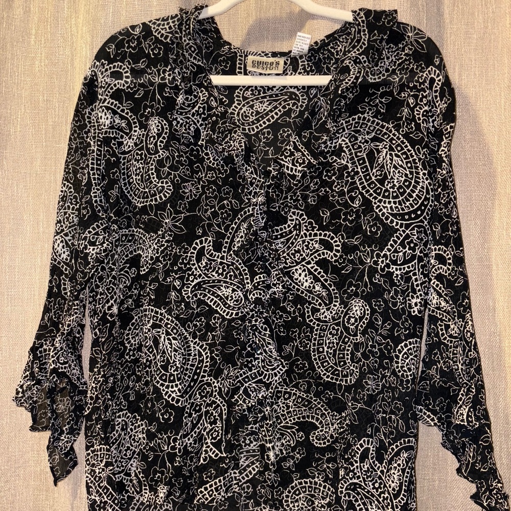Chico's Design | Women's Black/White Paisley 3/4 Sleeve 100% Silk  Blouse | Sz 2